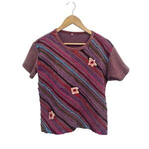 Vintage 90s Indie Boho Patchwork Rosette Multicolor T Shirt Unbranded S/M